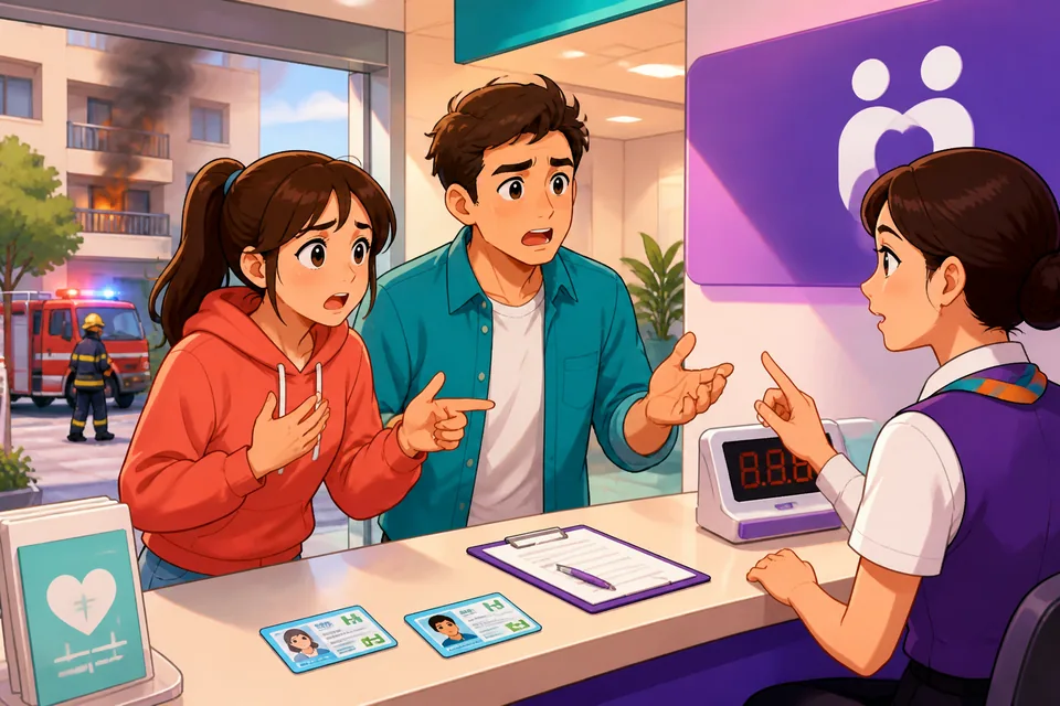 Anna and David stand near a building entrance in Taiwan, using Taiwan Mandarin in Traditional Chinese to talk about an emergency and calling 119. The scene highlights checking injuries and staying safe.