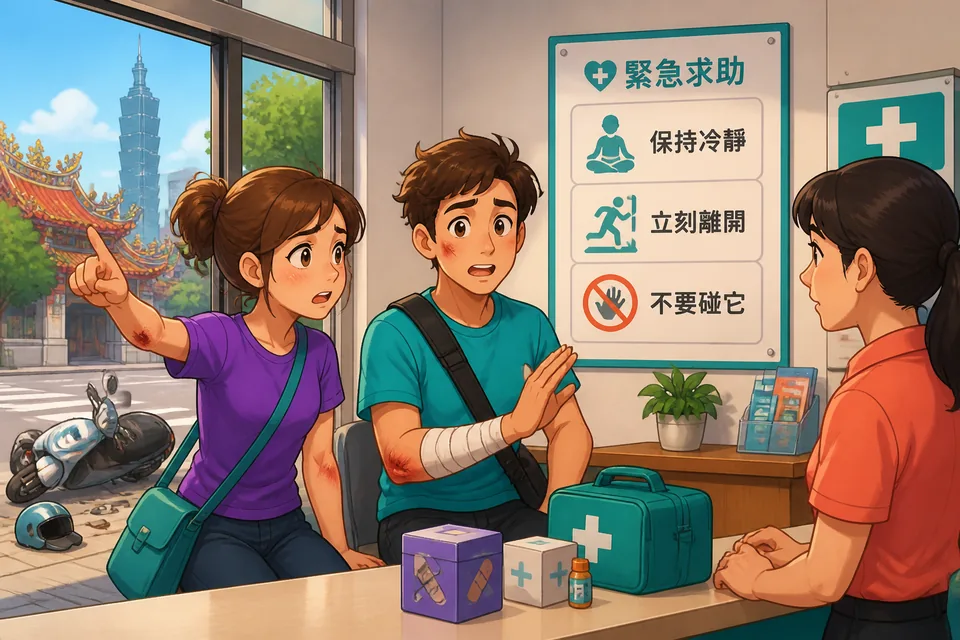 Anna and David in a Taiwan street scene after a small accident, using Traditional Chinese emergency phrases to stay calm and ask for help.