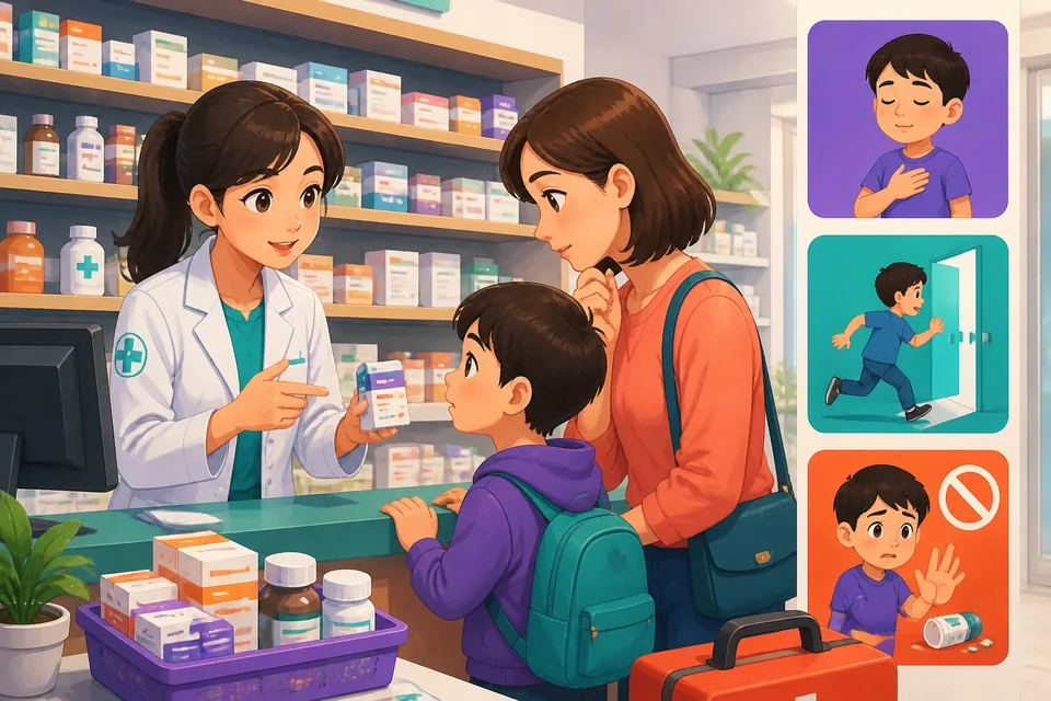A friendly Taiwan Mandarin learning card in Traditional Chinese showing emergency phrases beside icons for ambulance, warning, pain, and missing items.