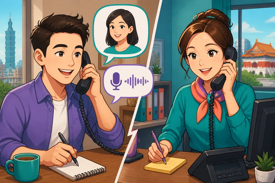 Two people in a Taiwan office handling a phone call and writing down a message in Traditional Chinese. The scene shows Taiwan Mandarin phone etiquette for asking who is calling and taking a message.