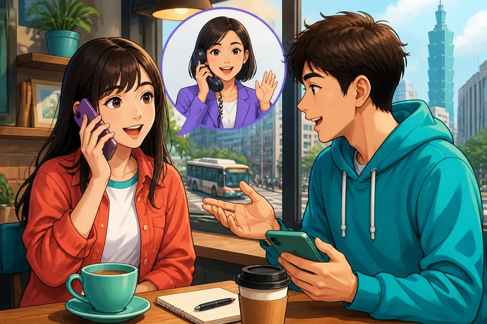 A cozy desk in Taiwan with a mobile phone, sticky notes, and Traditional Chinese phone message phrases written clearly. The image introduces Taiwan Mandarin for making calls and leaving messages.