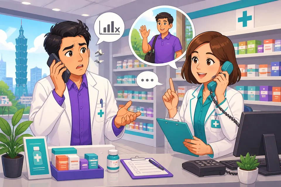 Anna and David are on a phone call in Taiwan, using Traditional Chinese phone phrases to talk about a bad signal, a message, and when someone will return. The scene feels like a natural Taiwan Mandarin conversation.
