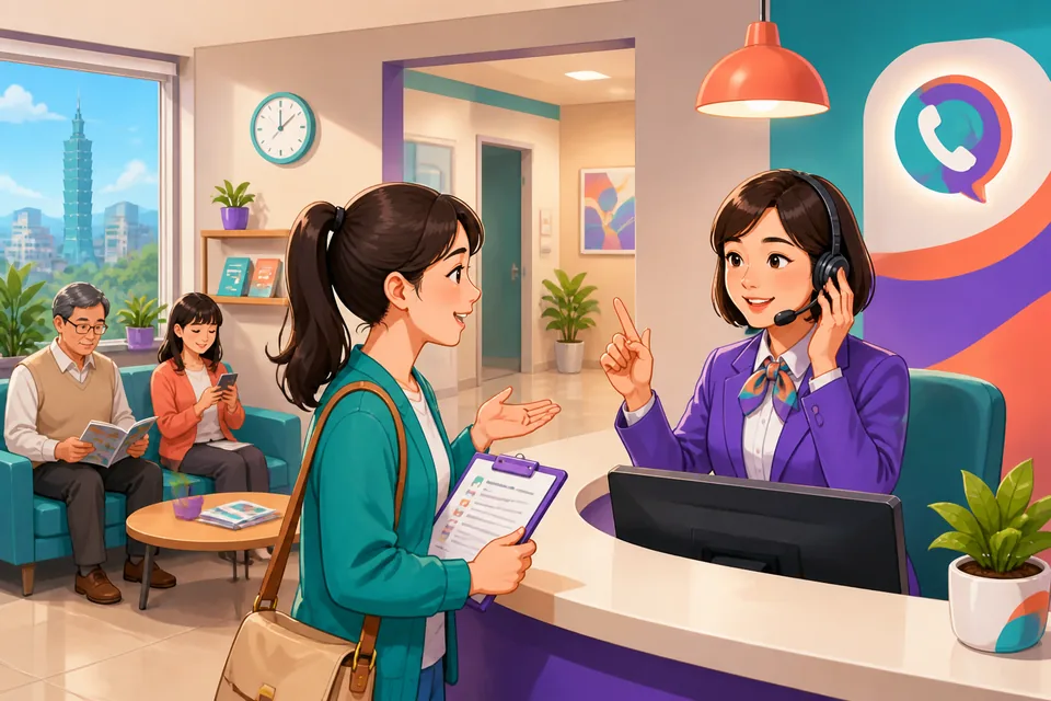 A friendly Taiwan Mandarin learning scene with Traditional Chinese phrases floating near a smartphone screen showing a missed call. The topic is phone messages and practical call responses.