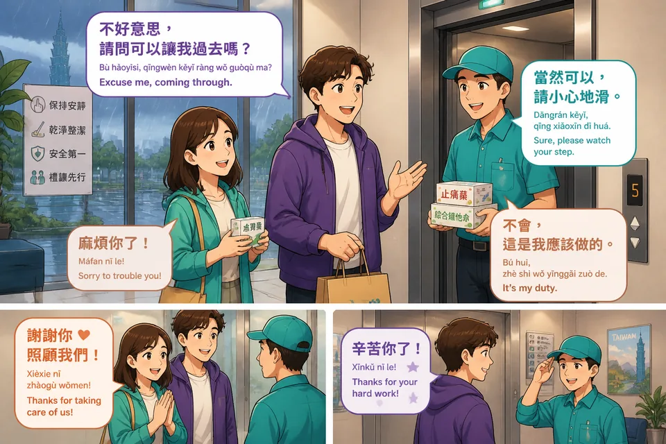 Anna and David talk near an office elevator on a rainy day in Taiwan, using Traditional Chinese Taiwan Mandarin phrases like 借過一下 and 辛苦了.