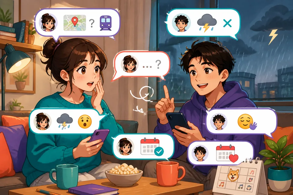 Anna and David stand near a rainy MRT exit in Taiwan, checking their phones and changing plans. Traditional Chinese and Taiwan Mandarin appear in the scene as they use soft phrases to postpone and respond naturally.