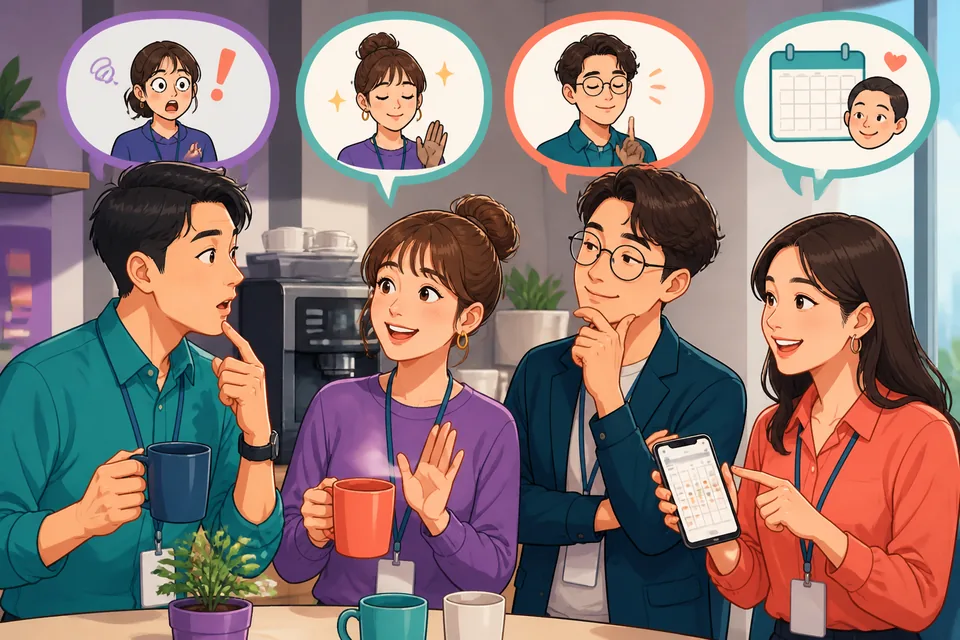 A learner looking at a phone message in a Taiwan café, surrounded by Traditional Chinese menus and warm lighting. The Taiwan Mandarin lesson topic focuses on natural short expressions like waiting, thinking, and saying not for now.