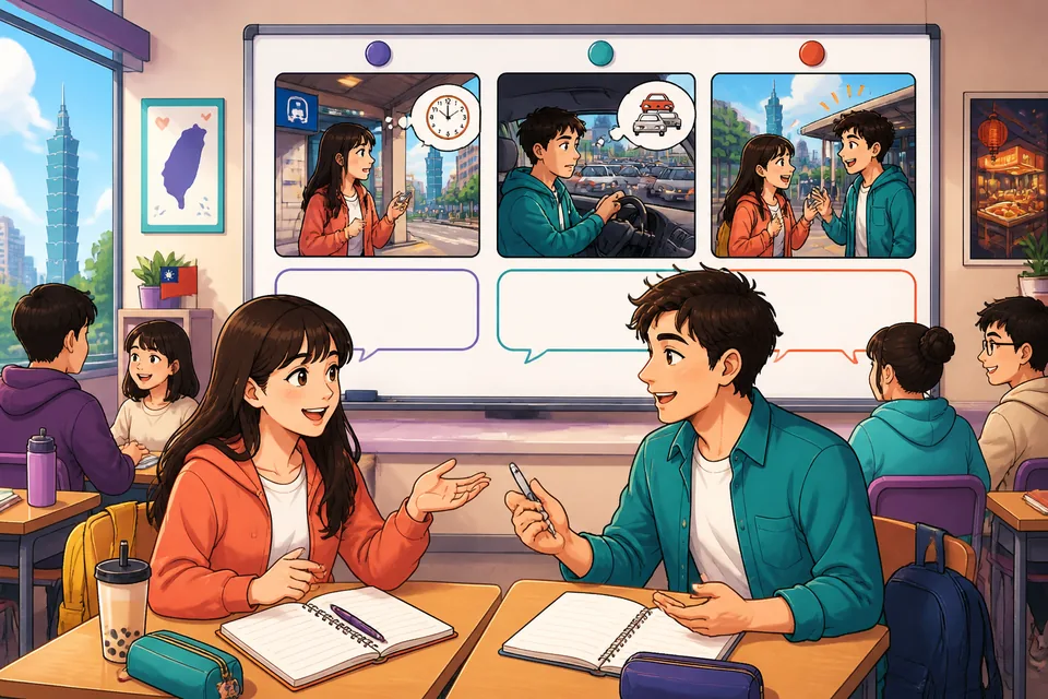 Anna waits near a Taiwan MRT station while David messages that he is on the way, showing a natural Taiwan Mandarin meetup conversation in Traditional Chinese.