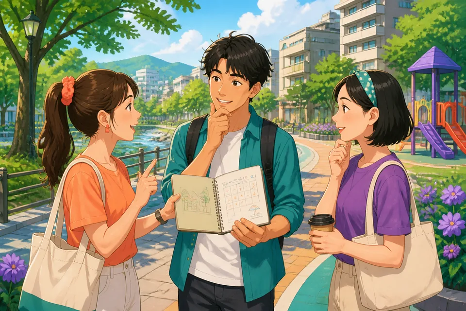 A learner checking a phone near an MRT entrance in Taiwan, practicing Traditional Chinese Taiwan Mandarin expressions for arrivals, traffic, and timing.