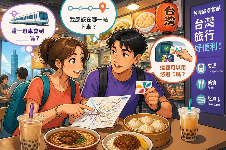 Anna and David stand near a bus stop and convenience store in Taiwan, using Traditional Chinese Taiwan Mandarin phrases about stops, top-ups, and takeaway coffee.