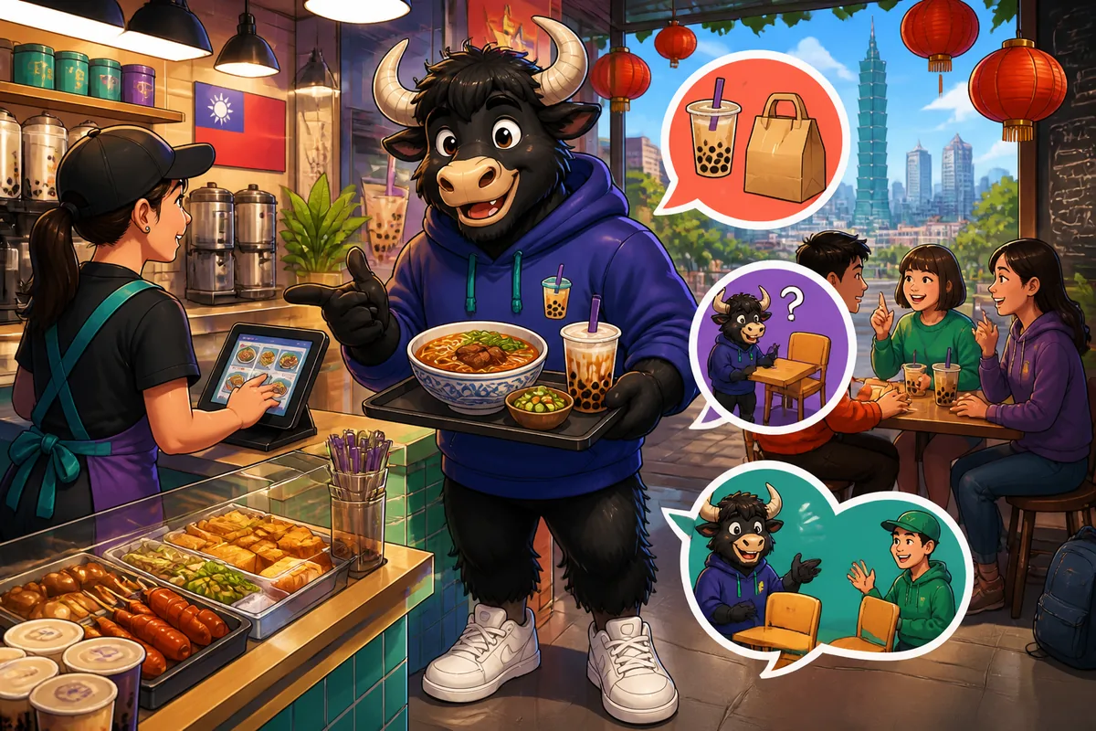 A lively Taiwan night market food stall with Traditional Chinese signs, showing people ordering dinner and choosing spice levels in Taiwan Mandarin. The lesson topic is practical eating-out expressions for Taiwan.