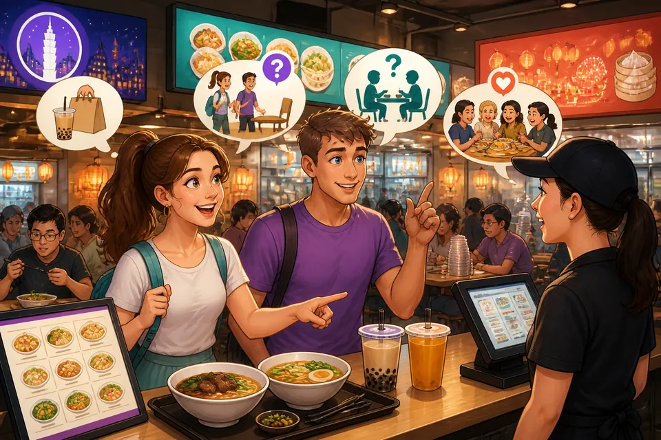 Two friends in a busy Taiwan food court look at a menu, ask about recommendations, and discuss cilantro and spice in Taiwan Mandarin. Traditional Chinese signs and trays of local food fill the background.