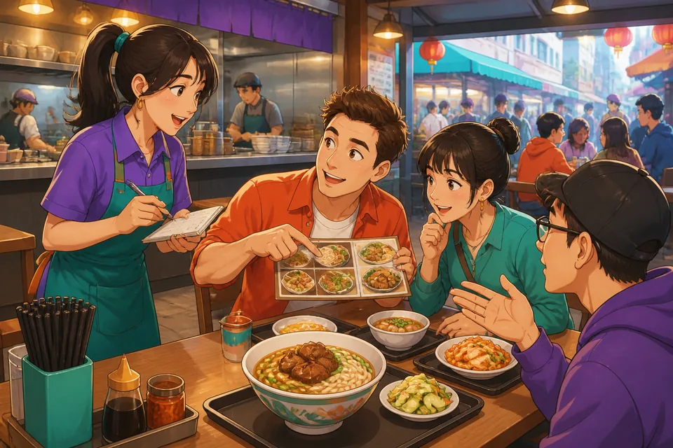 A cozy small restaurant in Taiwan with Traditional Chinese menus on the wall, crowded tables, and diners checking whether seats are open. The scene introduces Taiwan Mandarin phrases for seating and ordering.