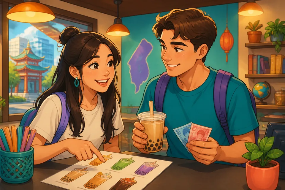 Anna and David stand near a Taiwan checkout counter with drinks and a bento bag, preparing to pay and scan an invoice carrier. The scene shows Taiwan Mandarin used for paying together and receipt options in Traditional Chinese contexts.