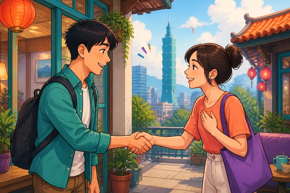 Two friends in Taiwan ordering drinks with reusable cups, discussing ice, sugar, and straws. The image supports a Traditional Chinese Taiwan Mandarin lesson on local shop expressions.