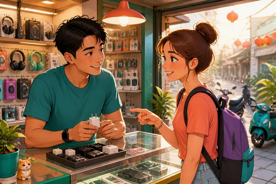 Anna talks with David at a small shop counter in Taiwan, with Traditional Chinese labels for member price and in-stock items nearby. The Taiwan Mandarin lesson scene focuses on asking about stock, payment methods, and small bills.