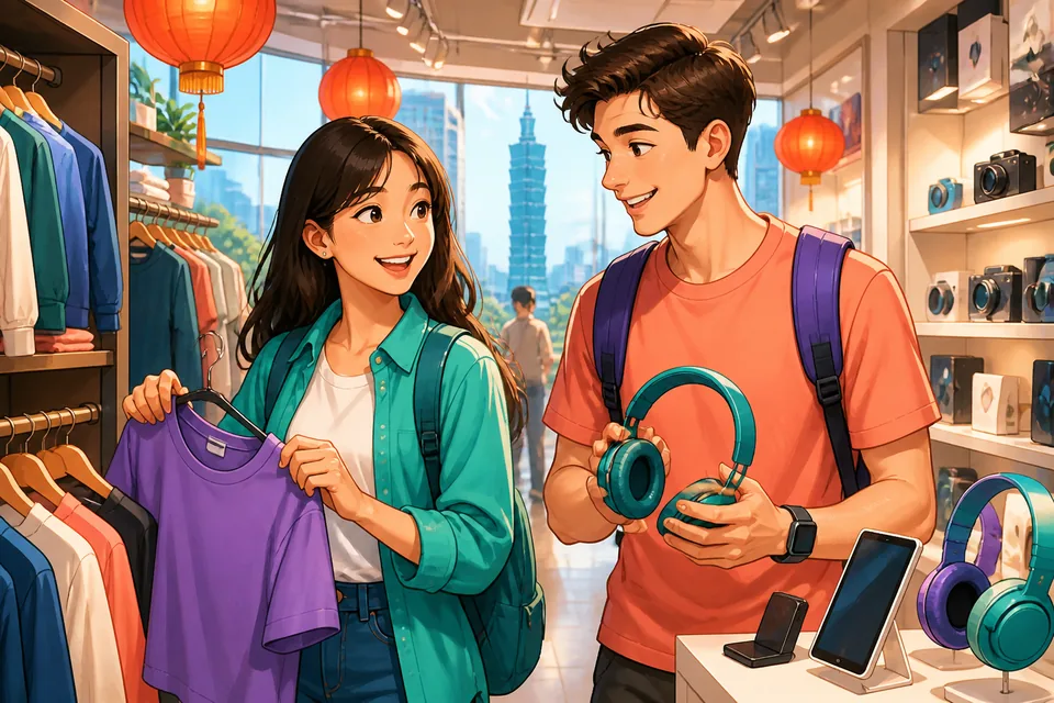 A friendly shop counter in Taiwan with a clerk helping Anna and David compare colors, sizes, and warranty information in Traditional Chinese. The image supports a Taiwan Mandarin dialogue about shopping decisions.