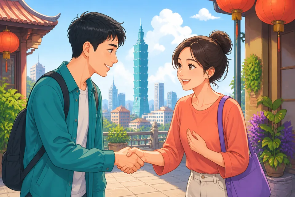 Anna and David stand inside a Taiwan boutique with Traditional Chinese price tags and colorful shirts on racks. They are using Taiwan Mandarin to ask if they can try things on and whether other sizes are available.