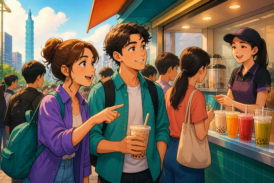 Anna and David stand near a busy counter in Taiwan, using Traditional Chinese Taiwan Mandarin phrases to ask if the line starts here and whether an arrangement is convenient.