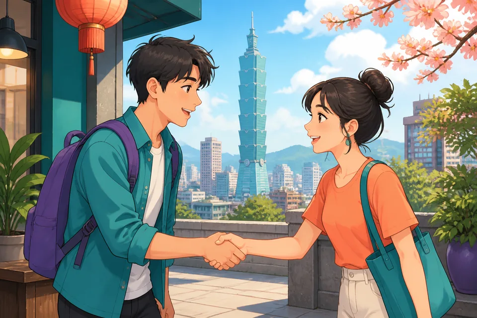 A friendly learner checks where to line up at a drink stand in Taiwan, practicing Traditional Chinese phrases for no rush and taking turns in Taiwan Mandarin.