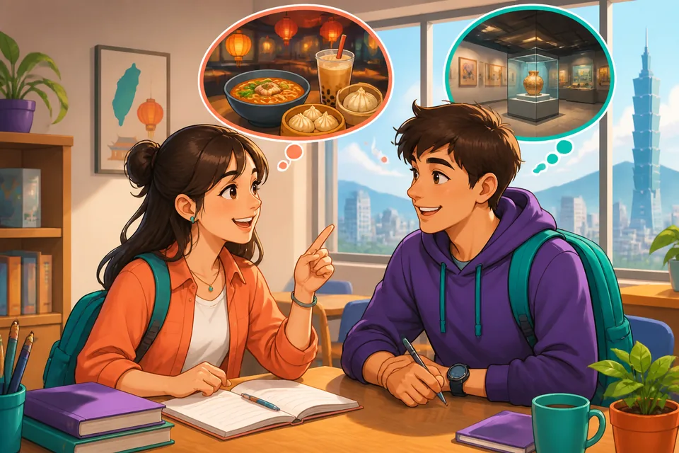 Two friends in a Taiwan café and museum area use Traditional Chinese phrases for watching belongings, stepping away, and asking if photography is allowed in Taiwan Mandarin.