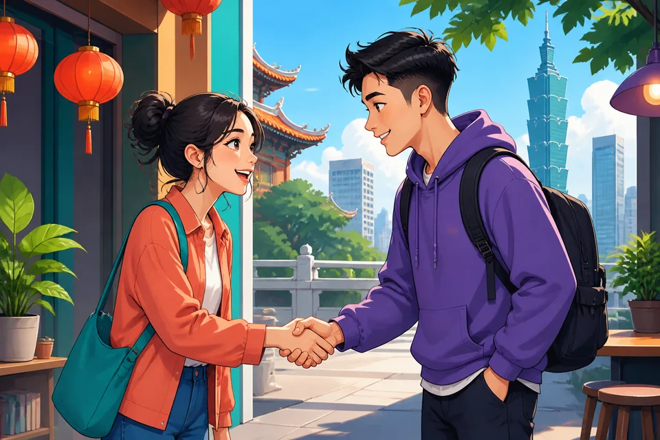 A learner in Taiwan asks politely in Traditional Chinese whether they need a reservation, while a host checks a list at a restaurant counter; the Taiwan Mandarin lesson topic is everyday local expressions.