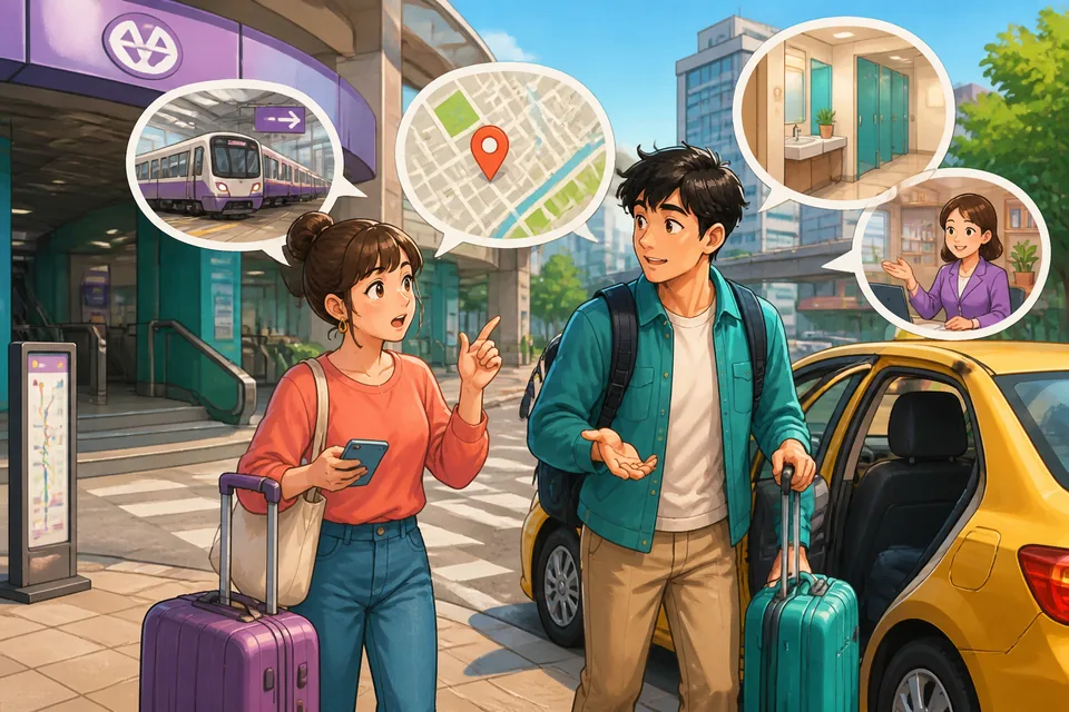 Anna and David stand near a Taipei MRT station and a convenience store, pointing to nearby places. Traditional Chinese signage reinforces the Taiwan Mandarin lesson topic of asking where something is.