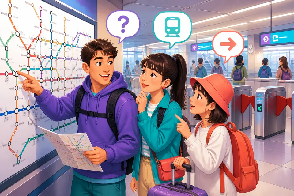 A bright classroom-style illustration showing everyday objects like a phone, bag, ticket, and keys labeled in Traditional Chinese. The scene supports a Taiwan Mandarin lesson about basic location.