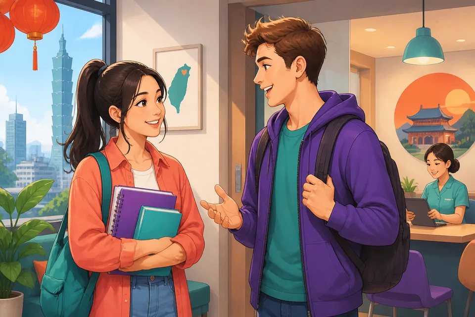 Anna and David sit in a Taiwan clinic waiting room, watching a queue number screen and checking medicine instructions. Traditional Chinese text appears on signs to support the lesson topic of clinic queues and health phrases.