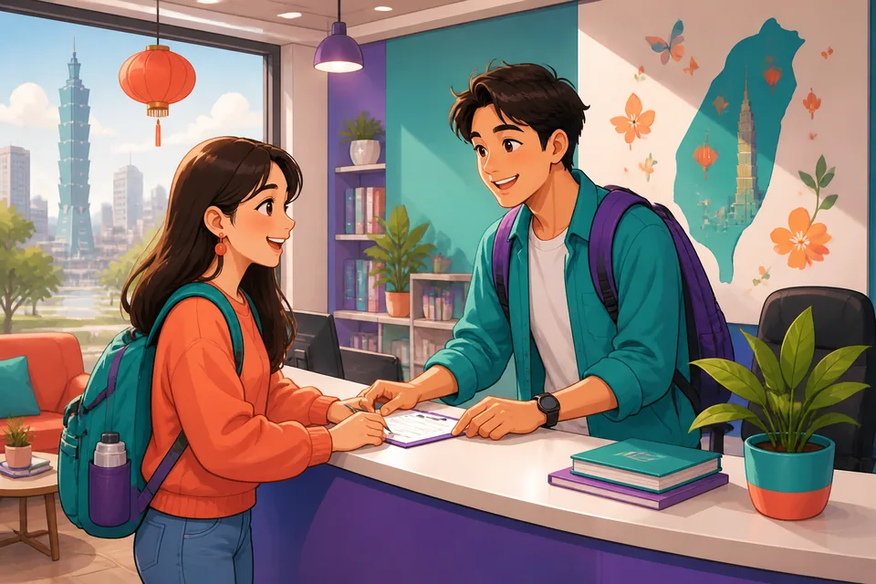 Anna and David stand near a Taiwan clinic registration desk, checking a form and phone QR code while using Traditional Chinese Taiwan Mandarin phrases for paperwork help.