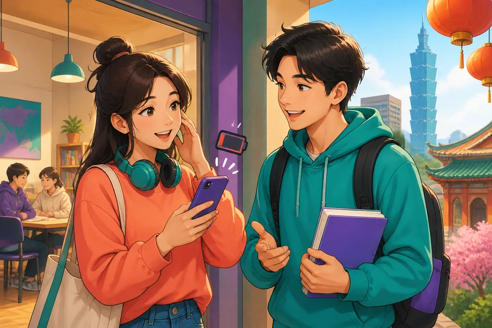 Two friends in Taiwan coordinate a meetup by LINE, using Traditional Chinese Taiwan Mandarin phrases to send a location and share information.