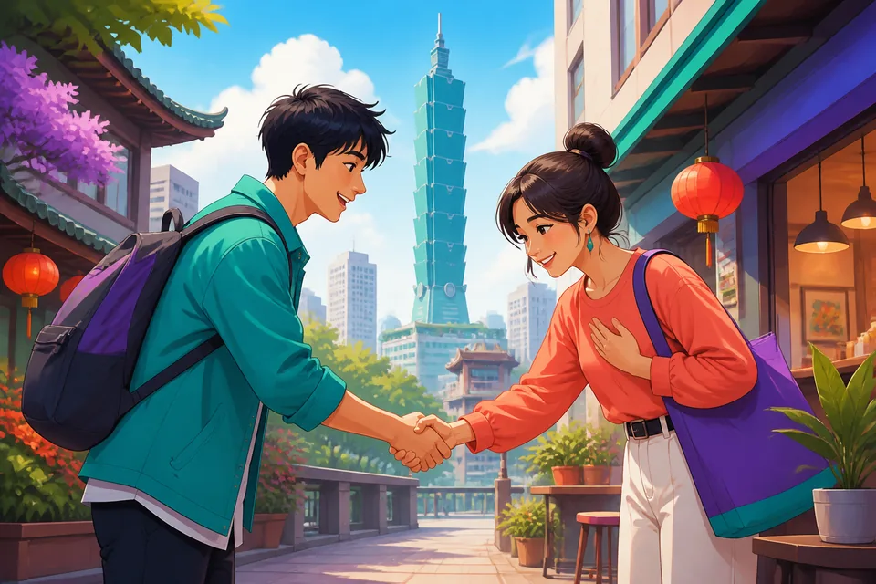 A traveler in Taiwan politely asks to borrow a charger while practicing Traditional Chinese Taiwan Mandarin expressions for phone emergencies and contact sharing.