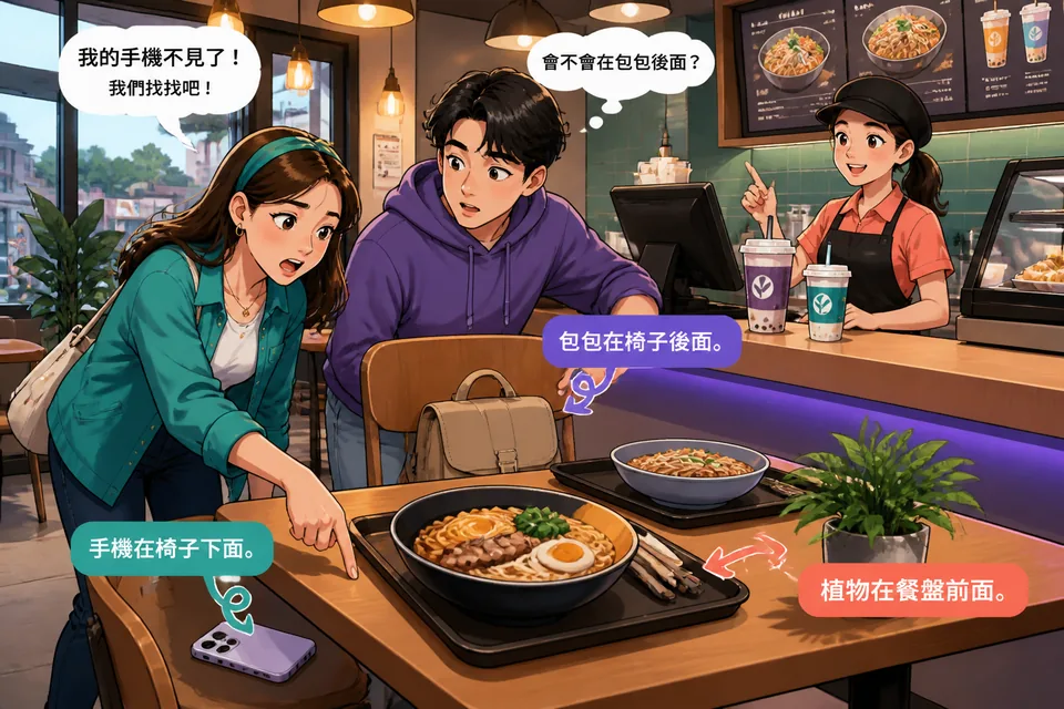 Anna and David search for a phone near a café table in Taiwan, with Traditional Chinese speech bubbles showing basic location phrases. The scene illustrates Taiwan Mandarin words for inside, outside, under, behind, and between.