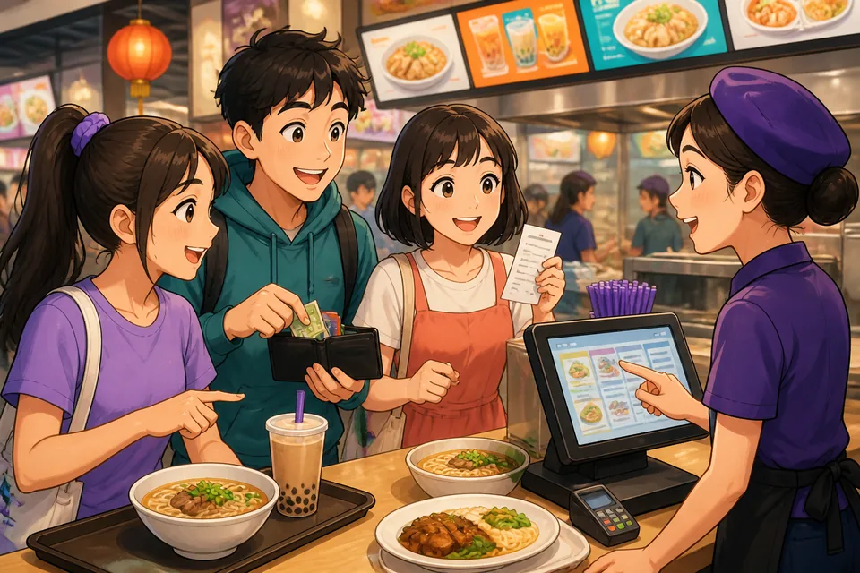 A friendly shop counter in Taiwan with snacks, coins, and a card reader, introducing Traditional Chinese phrases for price and quantity in Taiwan Mandarin. The scene feels bright, practical, and beginner-friendly.