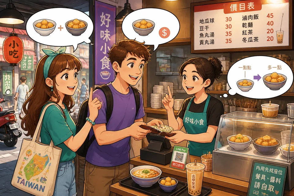 Anna and David stand at a Taiwan snack stall, using Traditional Chinese Taiwan Mandarin to ask for a little more, confirm dollars, and pay.