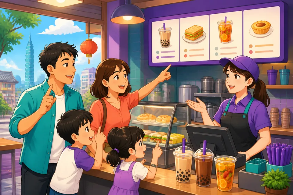 A learner points at food on a counter while checking the price in Traditional Chinese, practicing Taiwan Mandarin phrases for amounts, payment, and buying.