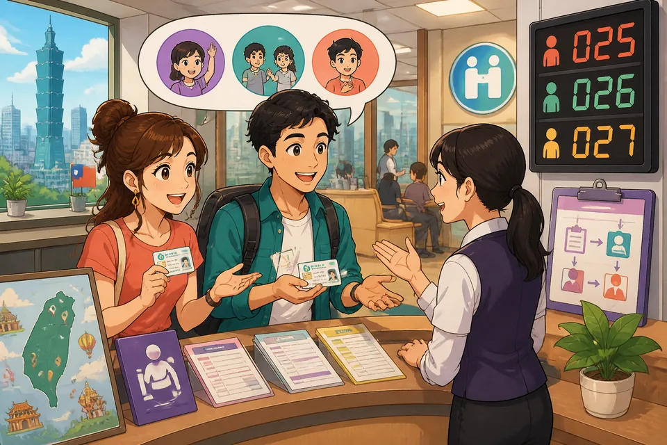 Anna and David speak with a café staff member in Taiwan, practicing Traditional Chinese permission phrases in natural Taiwan Mandarin. The moment shows asking, getting a yes, and hearing a polite no.