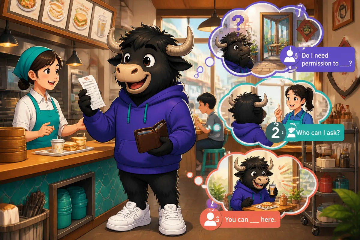 A friendly visitor in Taiwan asks a staff member for permission inside a bright public space, with Traditional Chinese signs nearby. The scene introduces Taiwan Mandarin phrases for asking what is allowed.