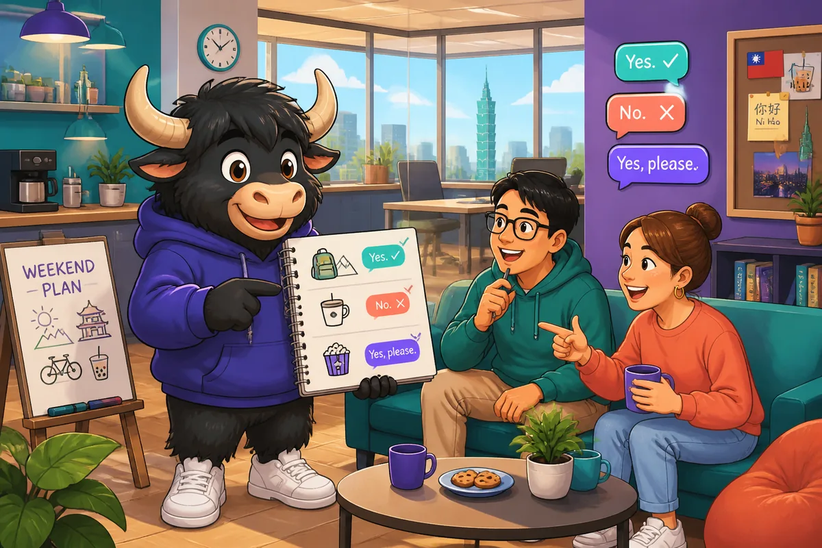 A friendly Taiwan café scene with speech bubbles showing Traditional Chinese yes/no responses for the lesson topic. The image represents Taiwan Mandarin practice for simple answers like yes, no, okay, and sure.
