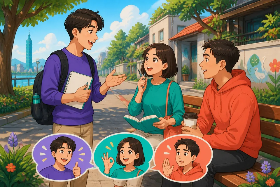A learner at a small Taipei drink shop practicing Traditional Chinese responses in Taiwan Mandarin. The scene highlights simple yes/no replies used when ordering or accepting an offer.