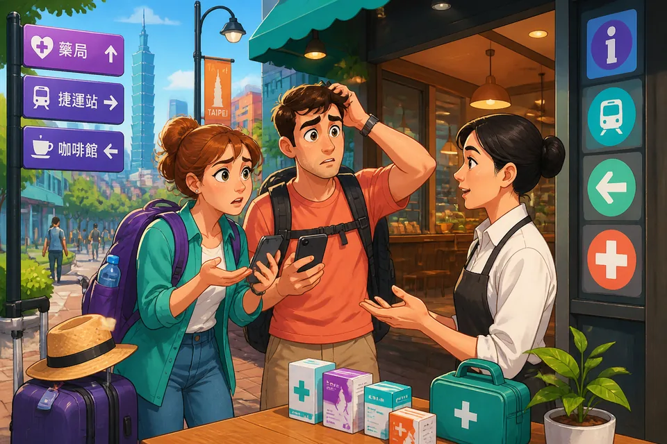 Anna and David stand near a café counter in Taiwan, checking a phone and a map while using Traditional Chinese problem phrases. The image supports a Taiwan Mandarin mini-dialogue about things going wrong.