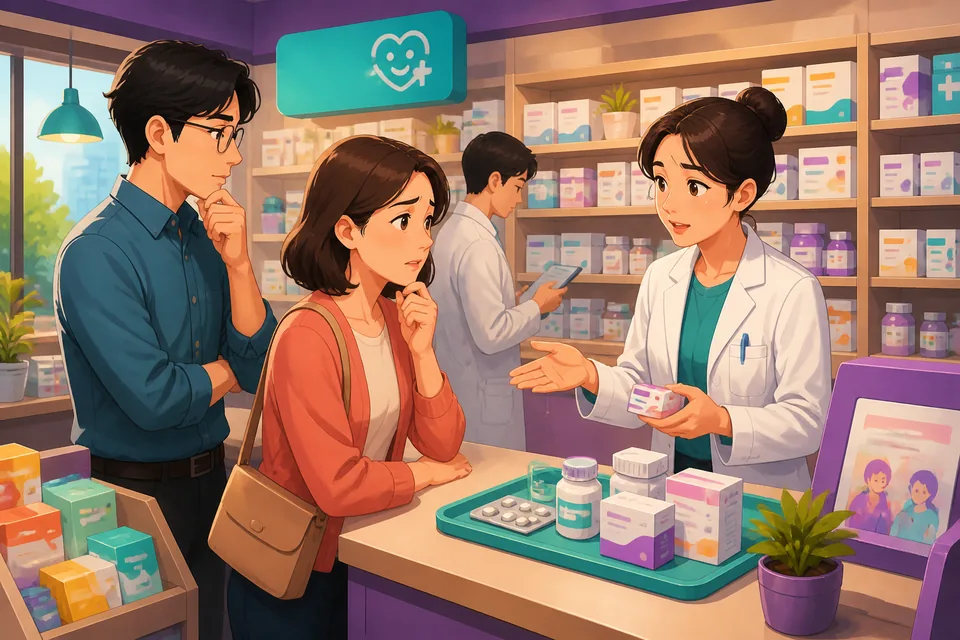 A friendly Taiwan Mandarin lesson scene in Traditional Chinese showing everyday problems: a closed app, a missing wallet, and a confusing map. The topic is basic problem statements for getting help.
