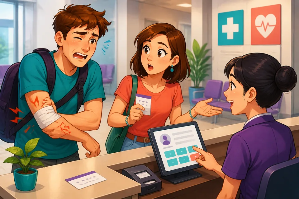 Anna helps David on a Taiwan sidewalk as he explains several problems in Taiwan Mandarin, including being late, missing the bus, and having a broken phone.