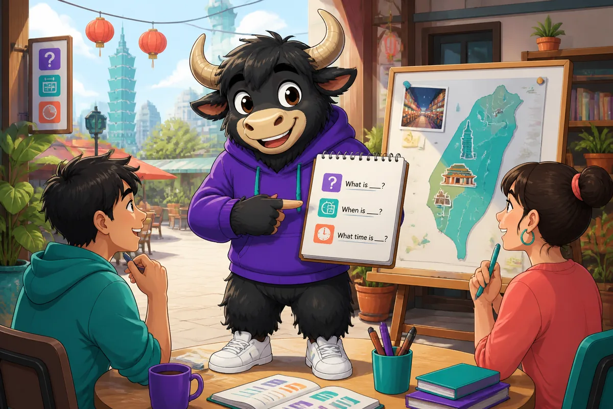 A friendly Taiwan Mandarin lesson scene with Traditional Chinese question phrases on colorful cards, focused on the topic of basic questions.