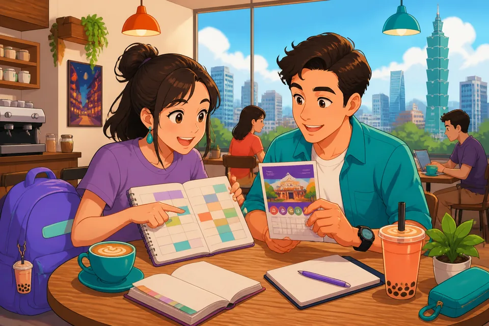Anna and David chat casually in Taiwan Mandarin, using Traditional Chinese phrases to ask what something is, when class is, and how to say a word.