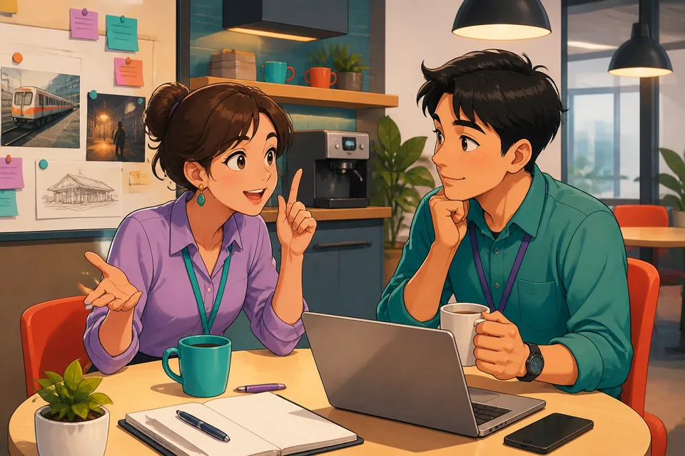 Anna and David chat near a busy Taiwan train station while using Traditional Chinese follow-up questions. The scene shows Taiwan Mandarin phrases for asking when, where, who, and what happened next.
