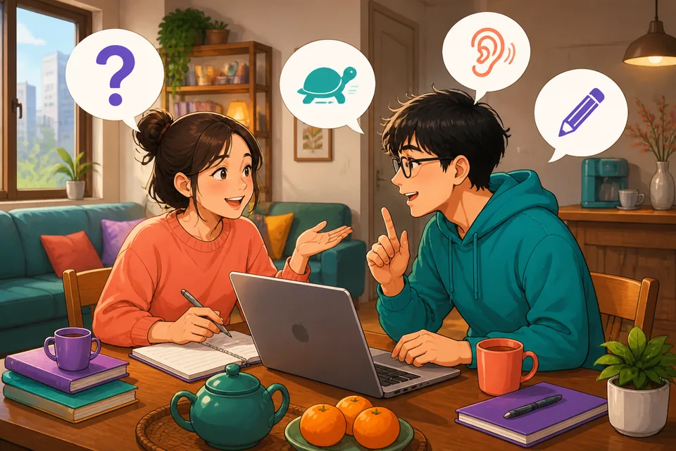 A notebook on a Taipei café table shows Traditional Chinese follow-up questions with pinyin notes. The Taiwan Mandarin lesson topic is keeping a conversation going naturally.
