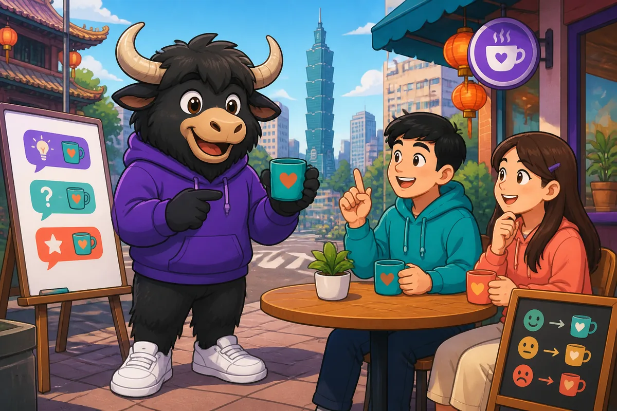 A lively café scene in Taiwan with two friends discussing choices, representing a Traditional Chinese Taiwan Mandarin lesson about sharing opinions.