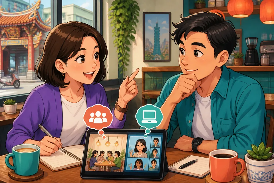 Anna and David talk in a bright Taiwanese café, using Traditional Chinese Taiwan Mandarin phrases to ask for and respond to opinions.
