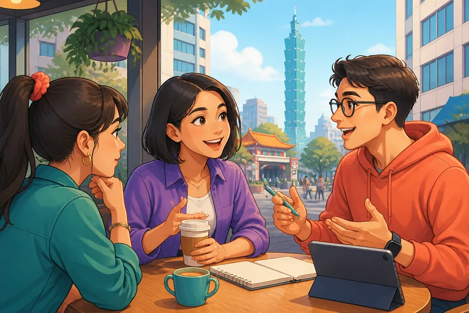 A notebook on a café table shows Traditional Chinese opinion phrases for Taiwan Mandarin, with coffee cups and a phone showing weekend plans.