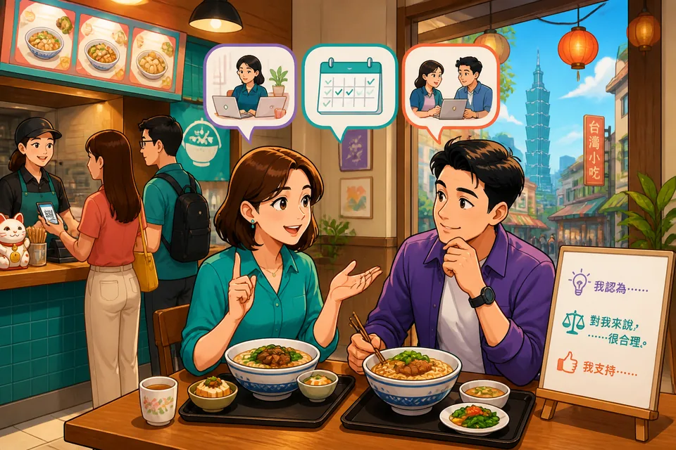 Anna and David chatting at a table in Taiwan, using Traditional Chinese phrases to discuss whether a work plan is reasonable. The Taiwan Mandarin dialogue focuses on asking for opinions and seeing both sides.